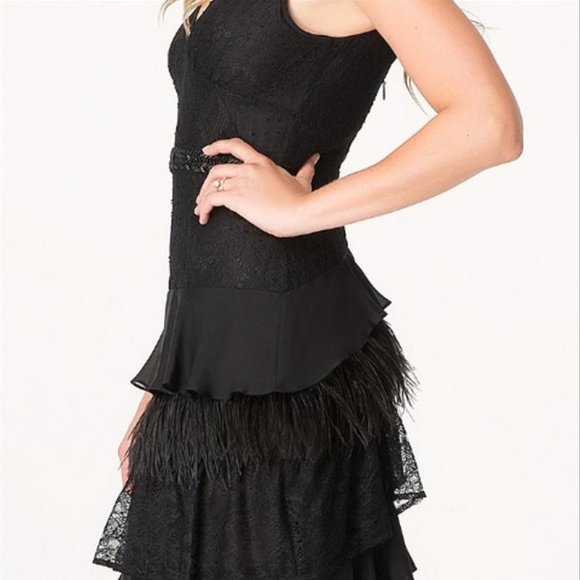 Bebe Long Black Feather Lace Chiffon Gown Dress 2 - Picture 4 of 6